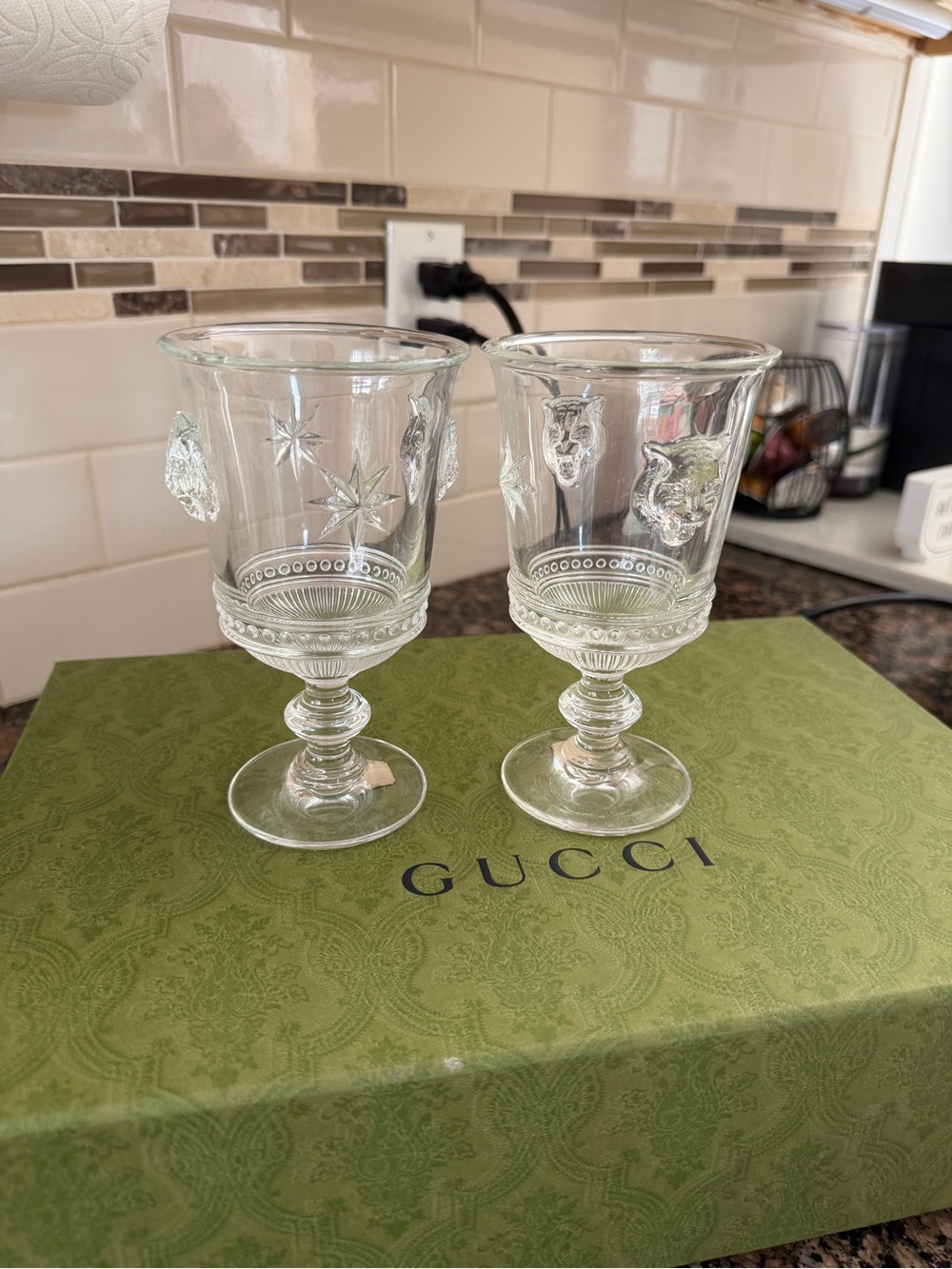 Gucci Clear Embossed Glass Goblets